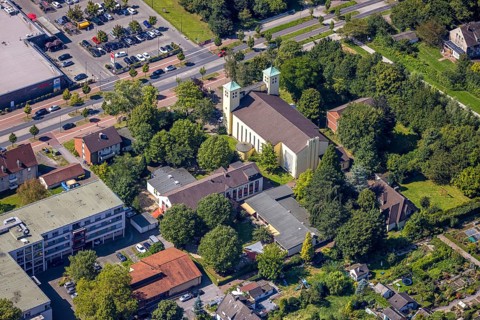 Aerial view, St. Marien Catholic Church with double church tower, International Girls' Centre