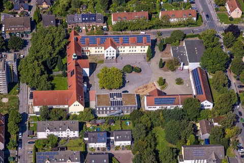 Aerial view, Südparkschule and schoolyard with tree, Brauck, Gladbeck, Ruhr area, North