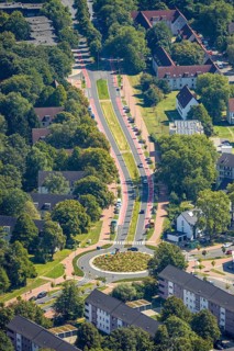 Aerial view, road traffic and planted roundabout Horster Straße and Wiesmannstraße, red marked
