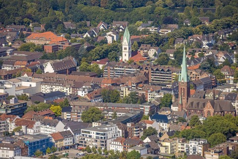 Aerial view, city centre view with Evangelical Lutheran Church of Christ and Catholic Church of St.