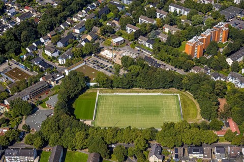 Aerial view, football stadium SV Zweckel 23 e.V. football club, construction site with new building