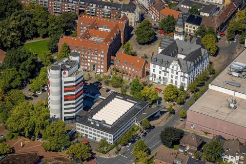 Aerial view, high-rise building Stadtsparkasse Gladbeck - head office, city administration town