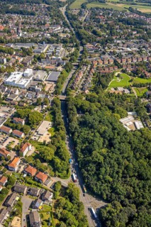 Aerial view, residential area on Essener Straße B224, forest and central accommodation centre (ZUE)