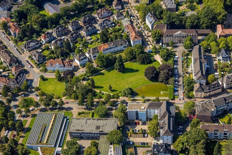 Aerial view, residential area at Jovyplatz park and pond, Gladbeck police station, kreativAmt