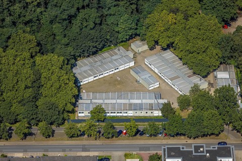 Aerial view, Central Accommodation Centre (ZUE) for refugees, Festwiese and Festplatz, Butendorf,