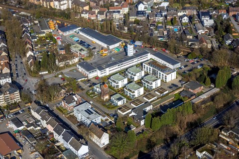 Aerial view, fire brigade rescue station and fire brigade defence tower, new housing estate Roter