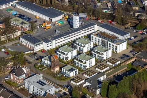 Aerial view, fire brigade rescue station and fire brigade defence tower, new housing estate Roter
