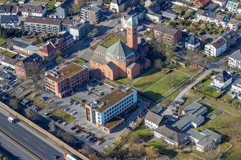 Aerial view, Heilig Kreuz Catholic Church and Heilig Kreuz Catholic Day Care Centre, Butendorf
