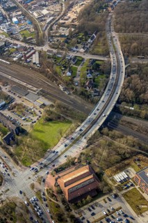 Aerial view, road traffic bridge Sandstraße and railway station Gladbeck-West,