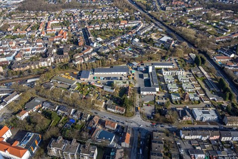 Aerial view, fire station and fire defence tower, new housing estate Roter Turm, central depot