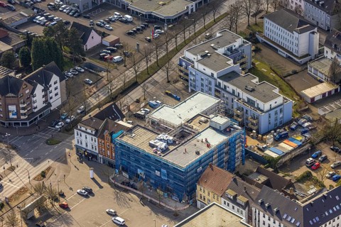 Aerial view, construction site with new residential and commercial building on Horster Straße
