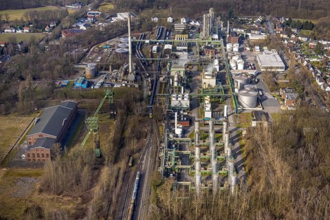 Aerial view, Zweckel machine hall and two headframes, Ineos Phenol chemical plant, Zweckel,