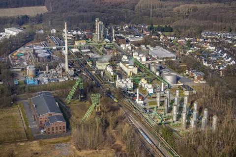 Aerial view, Zweckel machine hall and two headframes, Ineos Phenol chemical plant, Zweckel,
