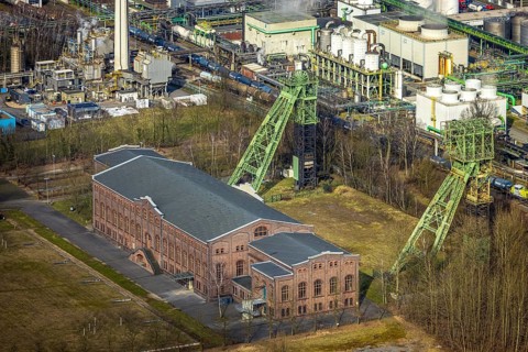 Aerial view, Zweckel machine hall and two headframes, Zweckel, Gladbeck, Ruhr area, North