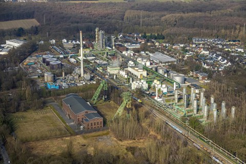 Aerial view, Zweckel machine hall and two headframes, Ineos Phenol chemical plant, Zweckel,