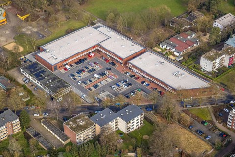 Aerial view, shopping centre Nahversorgungszentrum GZ-Nord with Rewe supermarket, Rossmann and