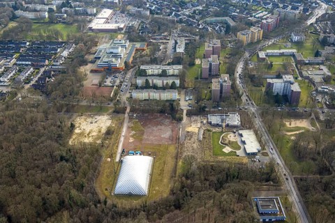 Aerial view, Städt. Kita Berliner Straße Kindergarten, construction site with new kindergarten on