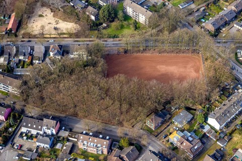 Aerial view, cinder pitch sports field Dorstener Straße corner Tunnelstraße, surrounded by trees,