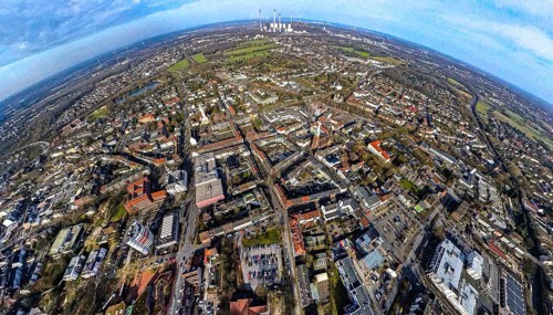 Aerial view, city centre view with ktah. Church St. Lamberti and town hall, behind the Uniper power