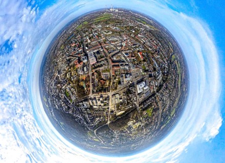 Aerial view, city centre view with ktah. Church St. Lamberti and town hall, behind the Uniper power