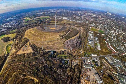 Aerial view, Mottbruchhalde with wind turbine wind power plant, behind the Uniper power plant
