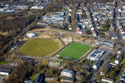 Aerial view, redesign of SportPark Mottbruch, sports park and leisure park, pump track facility and