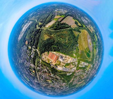 Aerial view, tailings pile Heringstraße, forest area and river Boye, industrial area Boystraße,