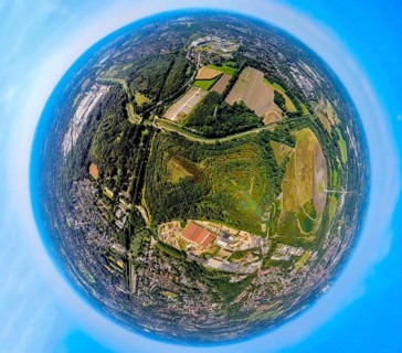Aerial view, tailings pile Heringstraße, forest area and river Boye, industrial area Boystraße,