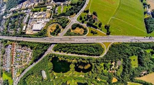 Aerial view, motorway A2, junction Essen/Gladbeck, federal road B224, truck in the exit loop,