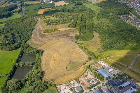Aerial view, Radbod spoil tip with spoil tip sign, spoil tip, Bockum-Hövel, Hamm, Ruhr area, North