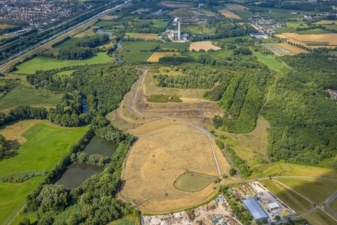 Aerial view, Radbod spoil tip with spoil tip sign, spoil tip, Bockum-Hövel, Hamm, Ruhr area, North