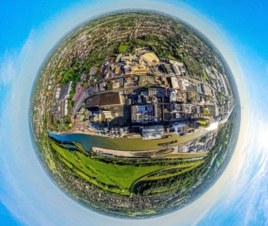 Aerial view, Hamm harbour on the Datteln-Hamm canal with inland waterway, globe, fisheye image, 360