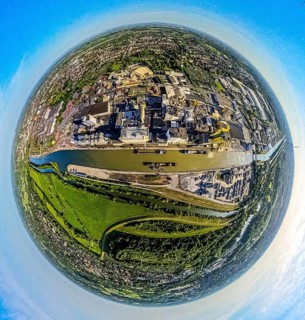 Aerial view, Hamm harbour on the Datteln-Hamm canal with inland waterway, globe, fisheye image, 360