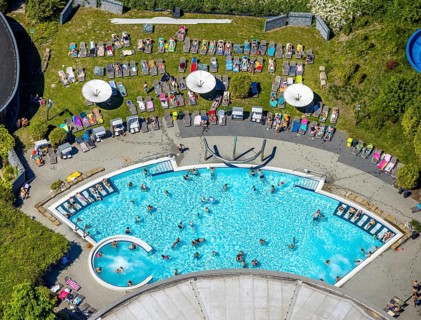 Aerial view, outdoor pool Maximare, saltwater pool, summer, Hamm-Mitte, bathers, sunbathers, Hamm,