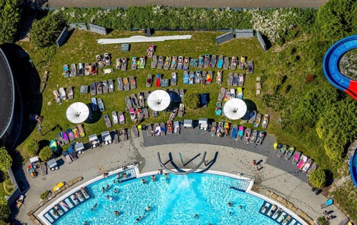 Aerial view, outdoor pool Maximare, saltwater pool, summer, Hamm-Mitte, bathers, sunbathers, Hamm,