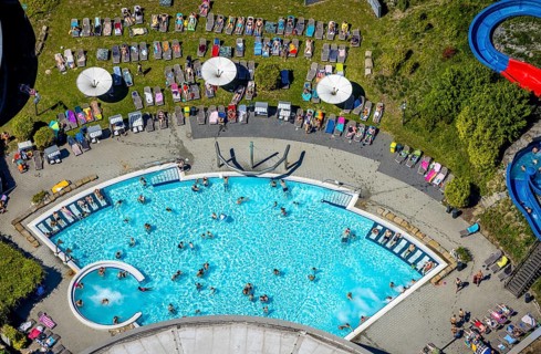 Aerial view, outdoor pool Maximare, saltwater pool, summer, Hamm-Mitte, bathers, sunbathers, Hamm,