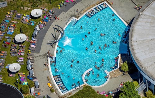 Aerial view, outdoor pool Maximare, saltwater pool, summer, Hamm-Mitte, bathers, sunbathers, Hamm,
