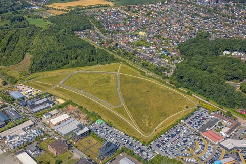 Aerial view, sports facility roller sports training track Radbod, below car park Potthoff - VW