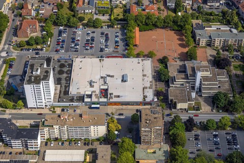 Aerial view, Rathaus-Center and Höveler Markt, Bürgeramt Terrassenhaus, car parks, high-rise