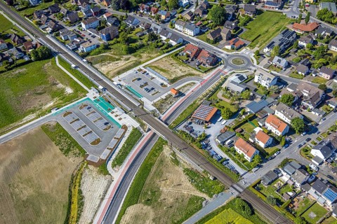 Aerial view, planned local transport connection with stop in Westtünnen, construction site at