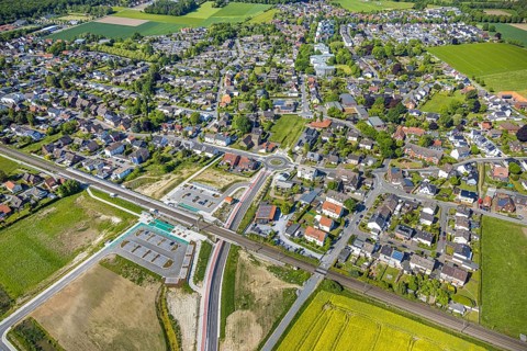 Aerial view, planned local transport connection with stop in Westtünnen, construction site at