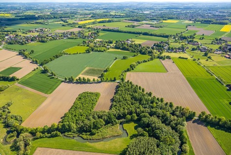 Aerial view, Gravenkamp area with meadows and fields, river Ahse, Uentrop, Hamm, Ruhr area, North