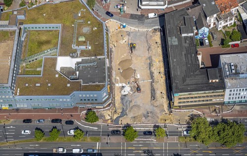 Aerial view, construction site Westentor am City-Center, federal road 63 Westring, centre, Hamm,