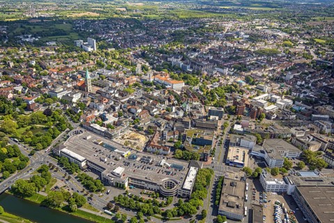 Aerial view, city centre view with Allee-Center and parking deck, evang. St Paul's Church,
