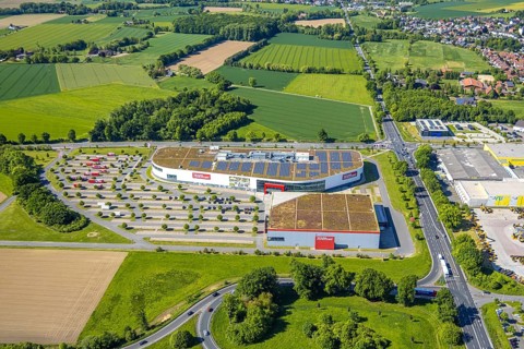 Aerial view, Höffner furniture store Unnaer Straße on the A2 motorway, Rhynern district, Hamm, Ruhr