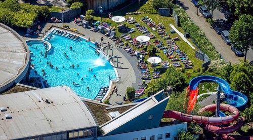 Aerial view, outdoor pool Maximare, saltwater pool, summer, Hamm-Mitte, bathers, sunbathers, Hamm,