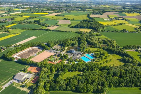 Aerial view, outdoor swimming pool Selbachpark at Hotel Selbachpark, Selbachpark sports facilities