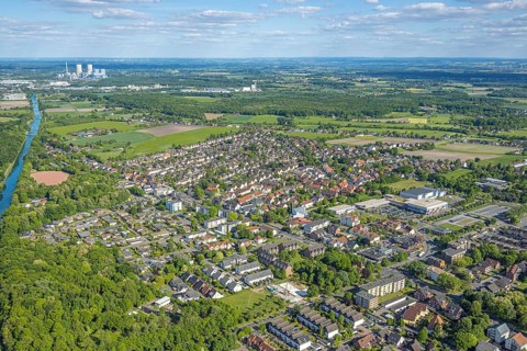 Aerial view, residential area, view of Uentrop, construction site at the corner of