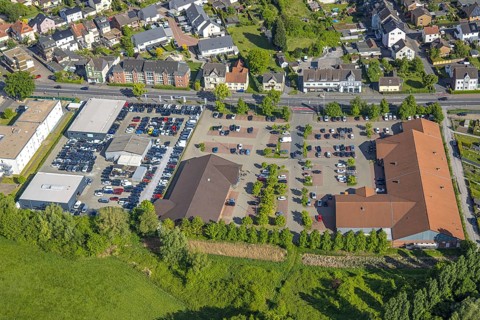 Aerial view, shopping centre with Edeka Weber and Aldi supermarket, Excellence Cars car dealership,