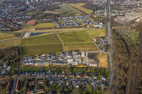 Aerial view, construction site and new housing estate WohnSiedlung Am Glückauf Park Hassel - Park